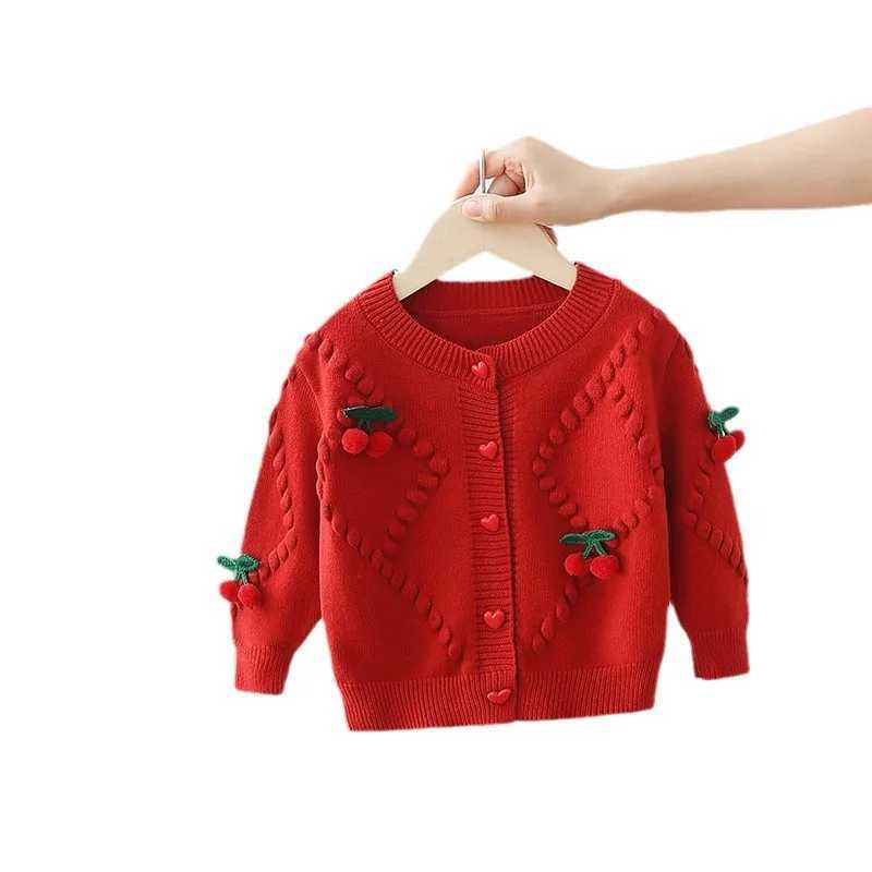 Autumn Little Girl Knit Cardigans 3D Cherry Love Button Kid Girl Open Stitch Coat Loose Solid Long Sleeve Baby Girl Sweater CoatsW240824