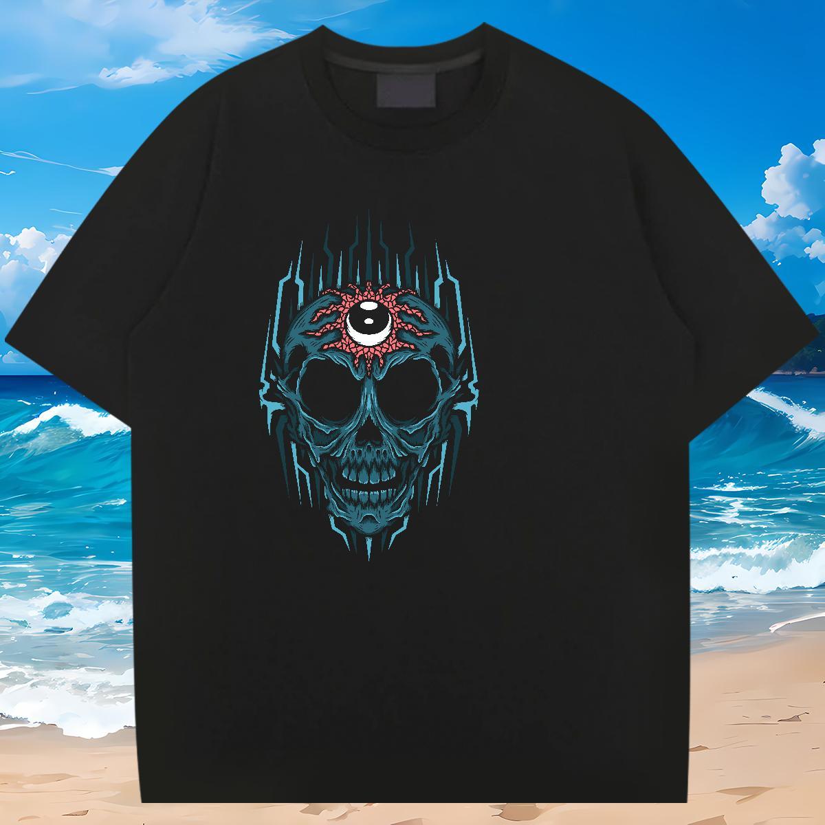Loose Fit Mens T Shirts 230g Cotton skull Casual Beach Black Oversized Short Sleeve O-Neck Men Tshirts 2024 Top Tees