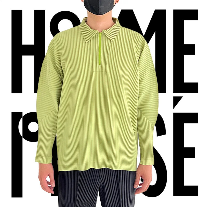 Pleats Original Polo Shirt Long-sleeved Mens Spring Sports And Leisure Solid Color Zipper Pleated Tops Men 240824