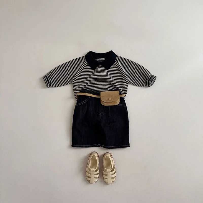 Childrens striped sweater autumn lapel pullover sweater boys and girls cotton loose top baby soft knit dressW240824