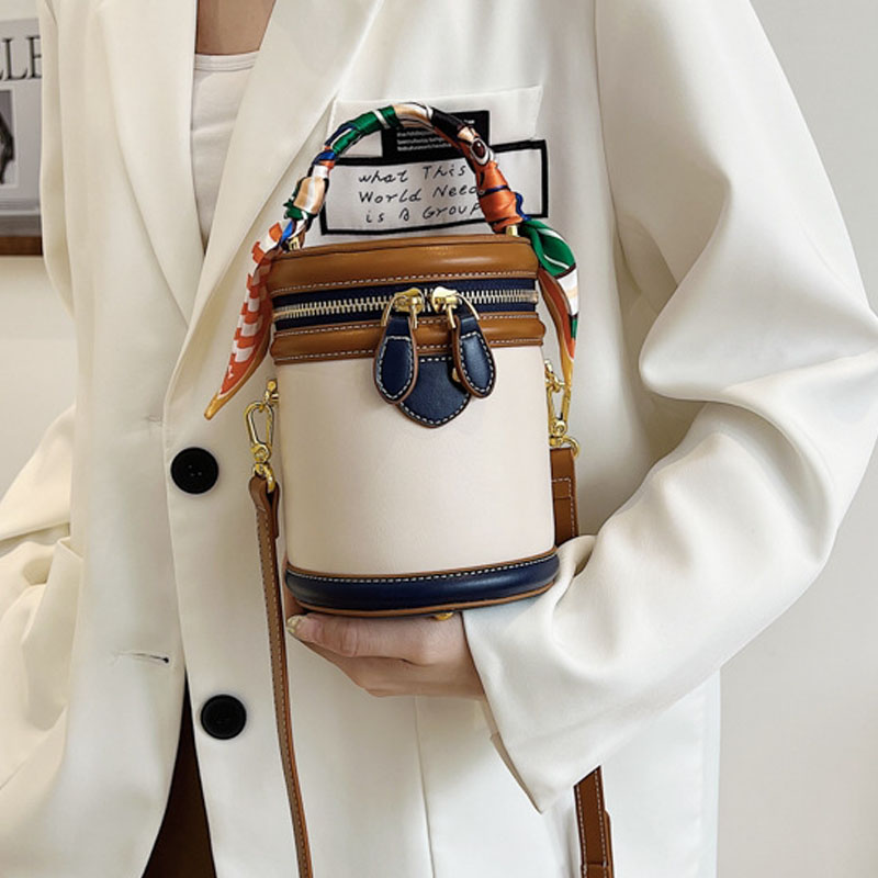 Fashionable And Versatile Bucket Bag With Color Blocks Single-Shoulder Round Tube Bag For Women Birthday Gift