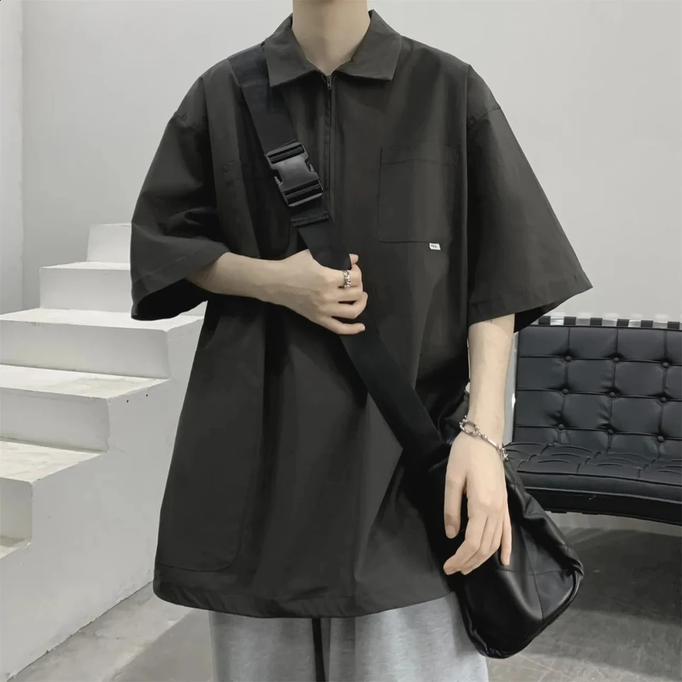 Japanese Half - Zipper Polo Shirt Mens Summer Lapel Short Sleeve t-shirt Trendy Loose Peplum Shirt Outdoor 240824