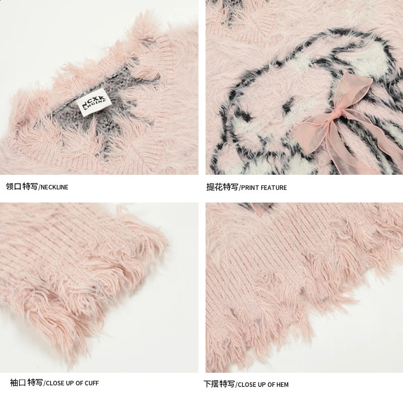 Womens Print Mohair Pullover Sweater Aesthetic Y2k Elegant Vintage Long Sleeves Bow Knitted Jumper Sweater 2000s Clothes Autumn 240824