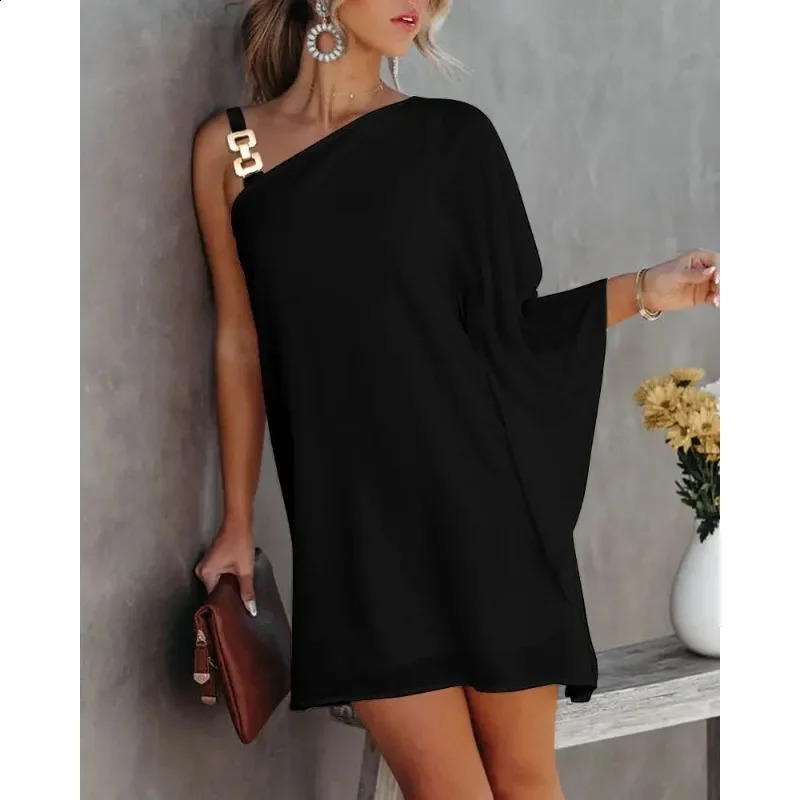 Summer Womens One Line Diagonal Neck Off Shoulder Dress Fashion Printed Solid Color Dress Metal Strap Bat Sleeve Dress 240824