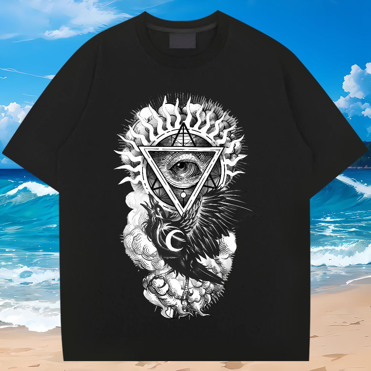 High Quality T Shirts Men 230g Pure Cotton eye of the devil Street wear Hip Hop DIY Printed Crew Neck Breathable Mens Tshirts Casual New Top Tees