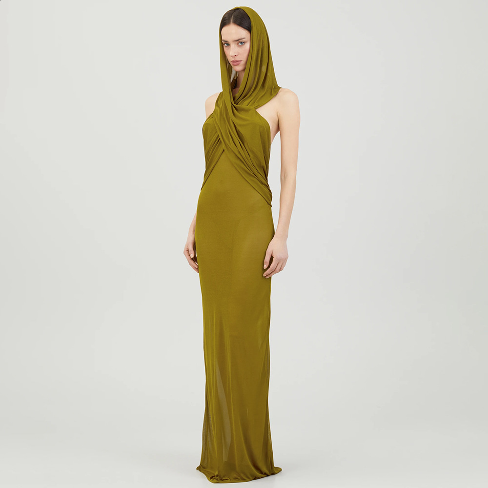 2024 temperament womens hooded hanging neck ginger yellow backless sexy spicy girl mesh long skirt summer dress new style 230617