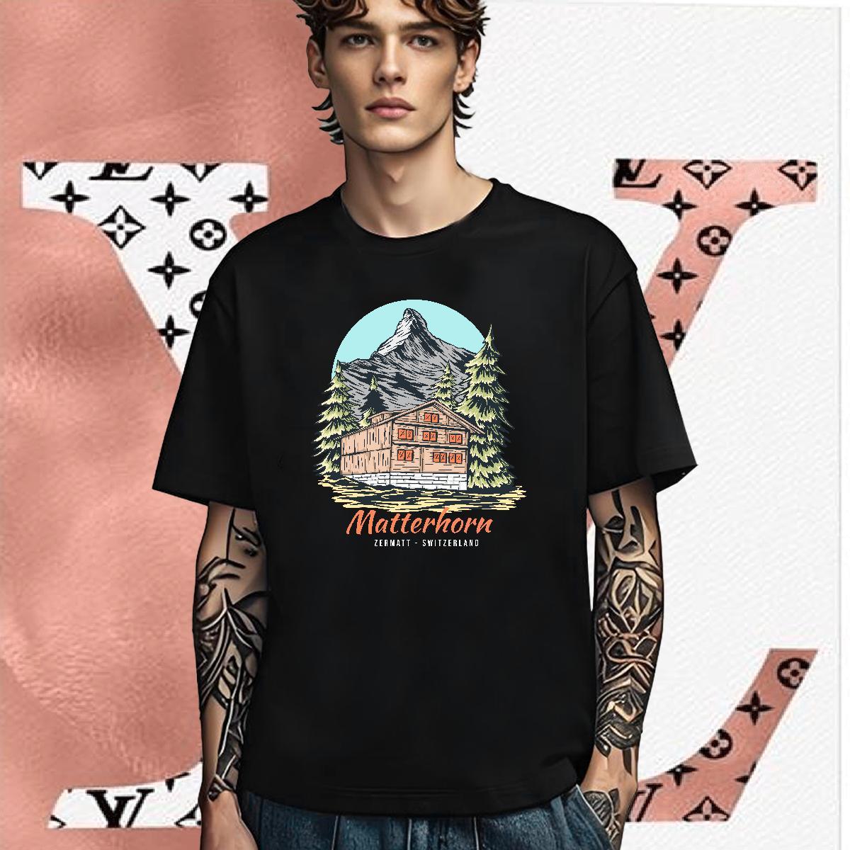 Free Shipping T Shirts Men 230g Cotton mountains Casual Beach Plus Size Cartoon Short Sleeve O-Neck Tshirts 2024 Tops Tees