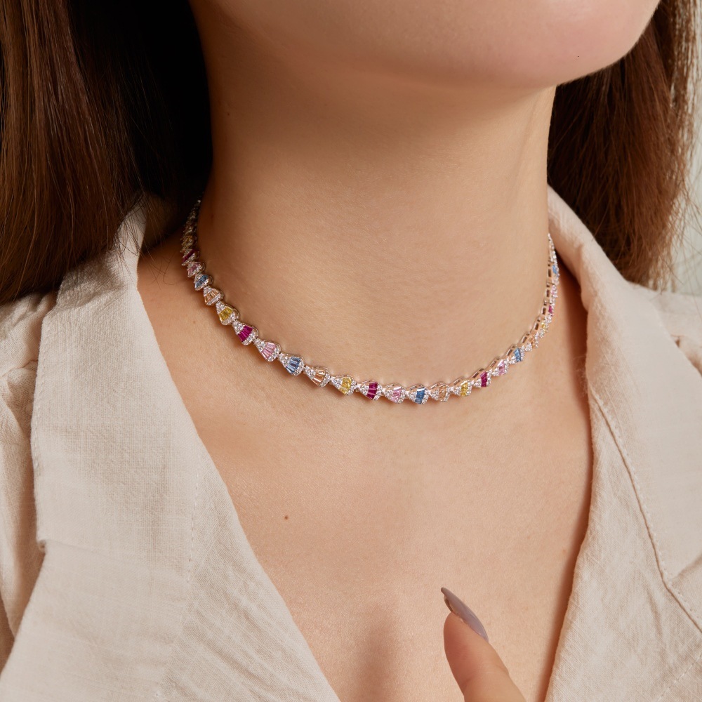 New S Pure Sier Women's Necklace with Colored Zirconia Inlaid Hot Air Balloon Style Rainbow Fashion Versatile Wedding Ornament