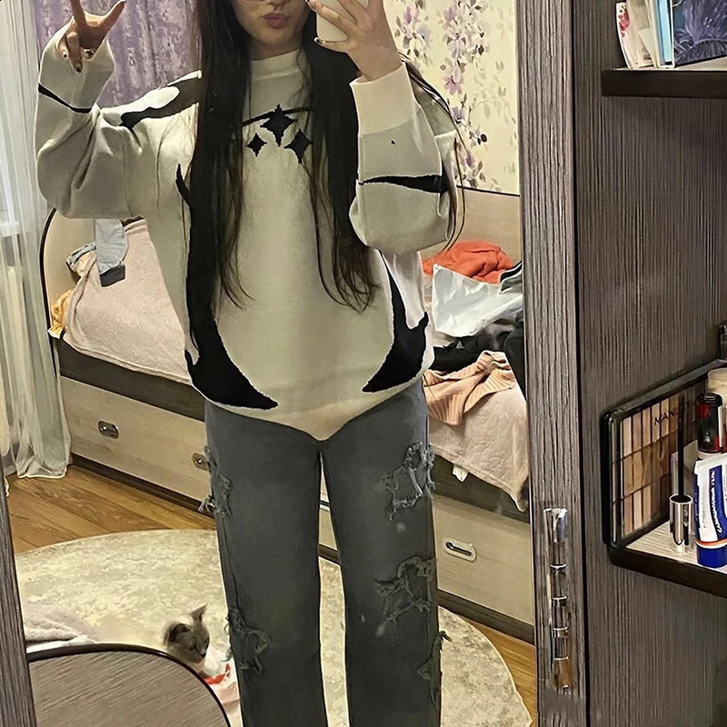 hiphop streetwear Y2K autumn and winter round neck couple sweater oversized knitted mens top womens clothing 240826