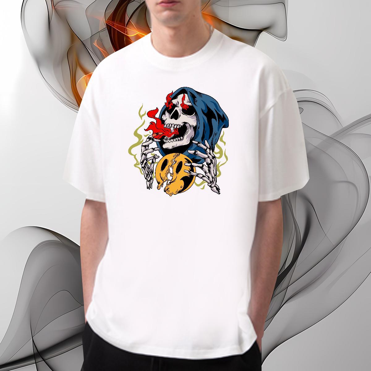 Popular T shirt 230g Pure Cotton skull Summer Casual Anime Print Short Sleeve O-Neck Mens Tshirts Stylist Clothes