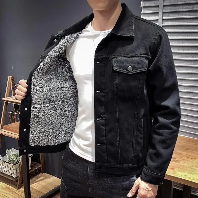 Mens Jean Coats with Sheep Mat Denim Jacket Wide Sleeve Black Wool Warm Winter Coat 240824