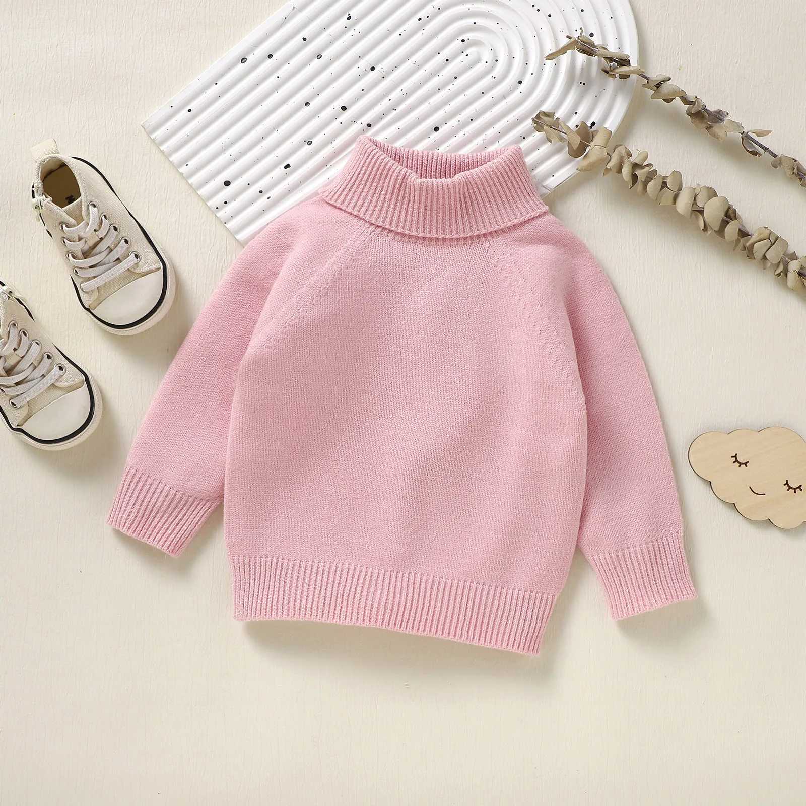 Baby sweater casual boys and girls solid knit cable turtle neck soft and warm baby high neck childrens pullerW240824