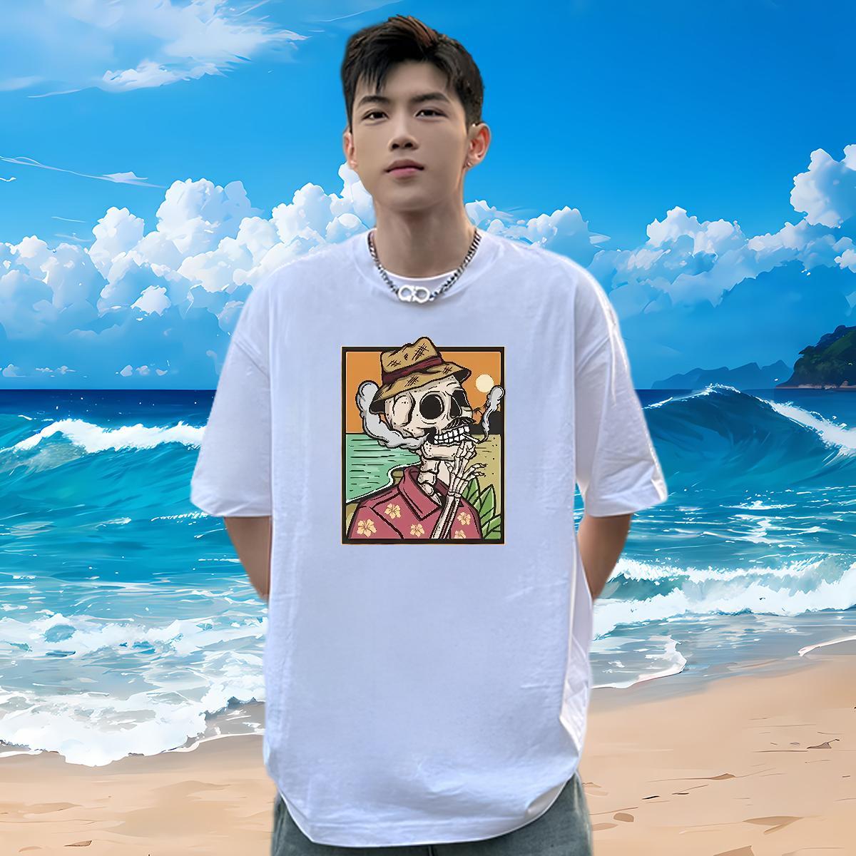 Soft Men T Shirts 230g 100% Cotton skull Hip Hop Plus Size Cartoon Breathable Short Sleeve Men Clothes T-Shirt Fashion New Tops