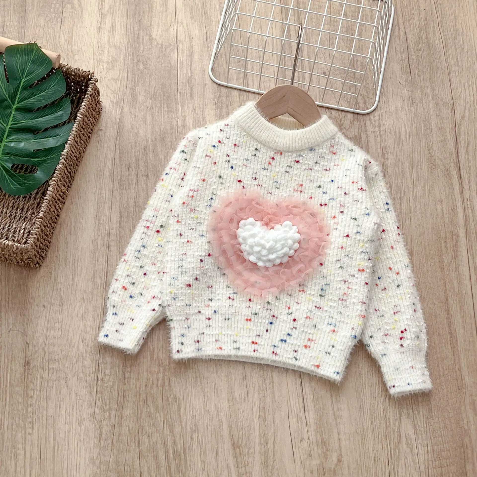 Autumn and Winter Preschool Girls Sweaters Loose Rainbow Dot Printed Thick Baby Girls Hoodies Loose Love Knitted Childrens Girls SweatersW240824