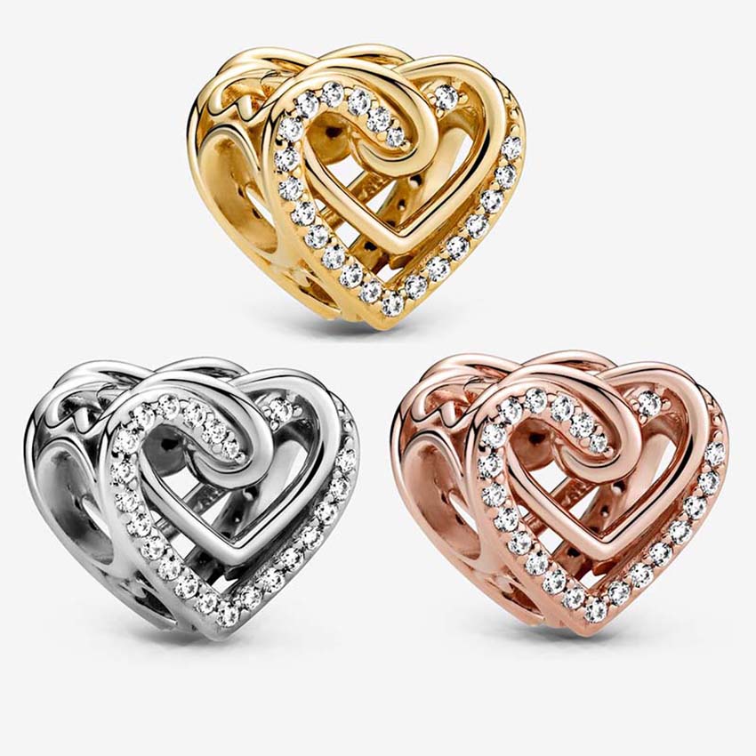 Sparkling Entwined Hearts Charm 925 Sterling Silver Logo Set Bracelet Bangle DIY Making Components designer Jewelry Luxury Gold Love Beads charm with Original Box