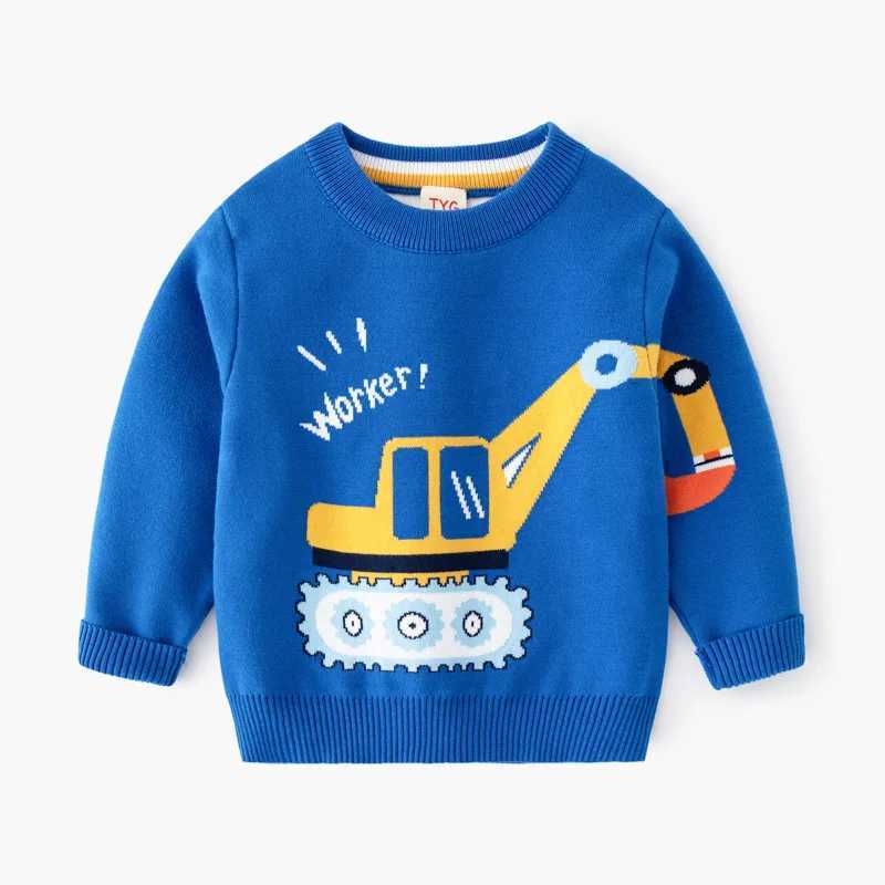 Childrens Sweater Boys Winter Double layer Cotton Knitted T-shirt Excavator Pattern Long sleeved Childrens Sweater Warm Knitted TopW240824