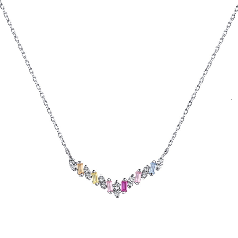 Japanese and Korean Light Series S Pure Sier collarbone Chain V-shaped Full Zircon Colorful Design Feeling Women's Necklace Batch