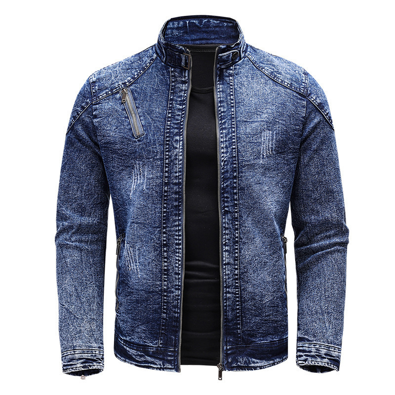 motorcycle denim jacket mens retro zipper stand collar ultrathin w240824
