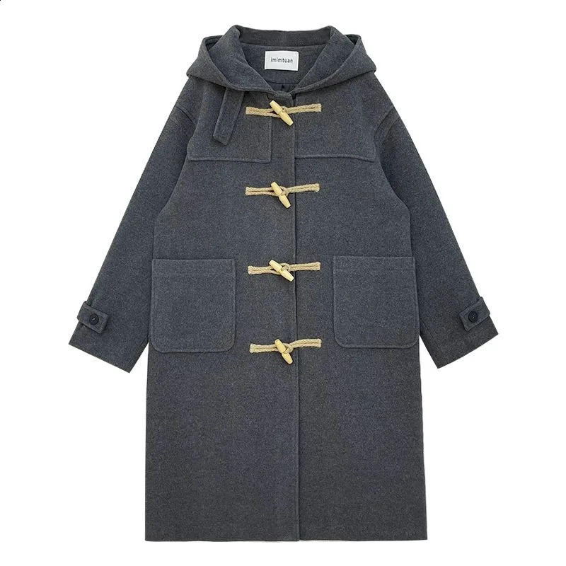 Xgoth Womens Tweed Coat Winter Korean Fashion Mid-length Coats Vintage Horn Button Hooded Loose Solid Jackets Casual Female Top 240826