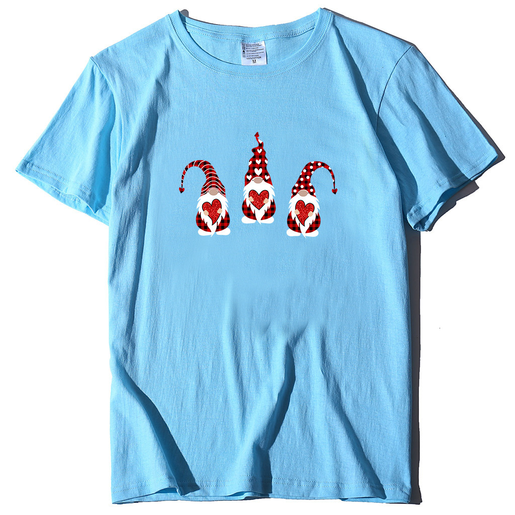 trendy T-shirt with three Santa Claus holding hearts printed multiple colors, available in cotton short sleeves dongdumaoyi