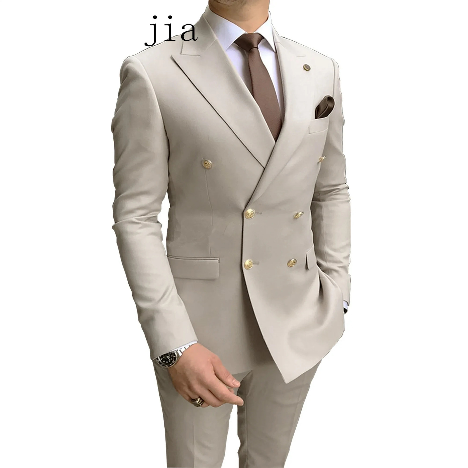 Casual Sky Blue Men Suits Double Brested Lapel Gold Button Groom Wedding Tuxedos 2 Pcs Blazers Jacket Pants Set w240824