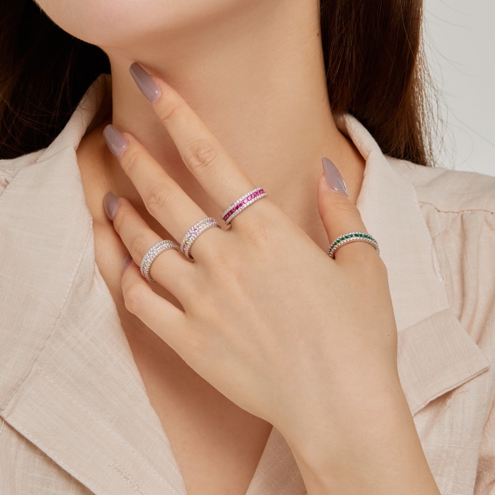 Korean version the new S pure sier women's ring with diamond arrangement dopamine color scheme, full zircon design and a sense of female handmade