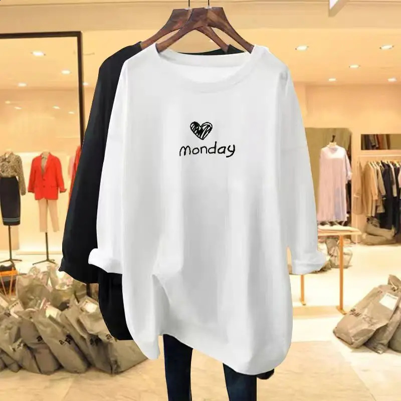 Womens clothing chic letters love printed T-shirts spring and autumn casual loose O-neck long sleeved shirts 240826
