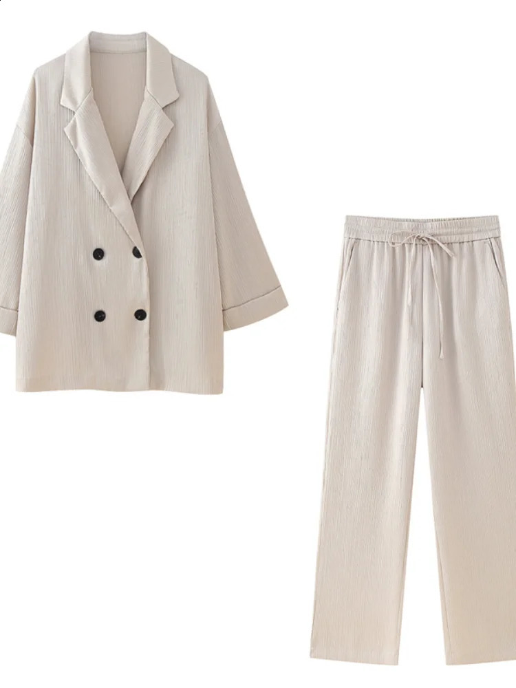 Elegant Double Breasted Blazer Suit Women Satin Turndown Collar Long Sleeve Trousers Sets Female Summer Fashion Lady Set 240826