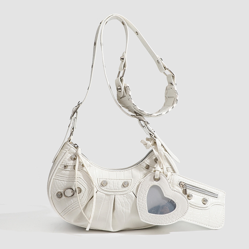 In The Summer Of 2024 New Drawstring Women's Bag Fashion Bucket Bag Rivet Motorcycle Bag Wide Strap Crossbody Bag Tready Crescent Moon Bag For Wo