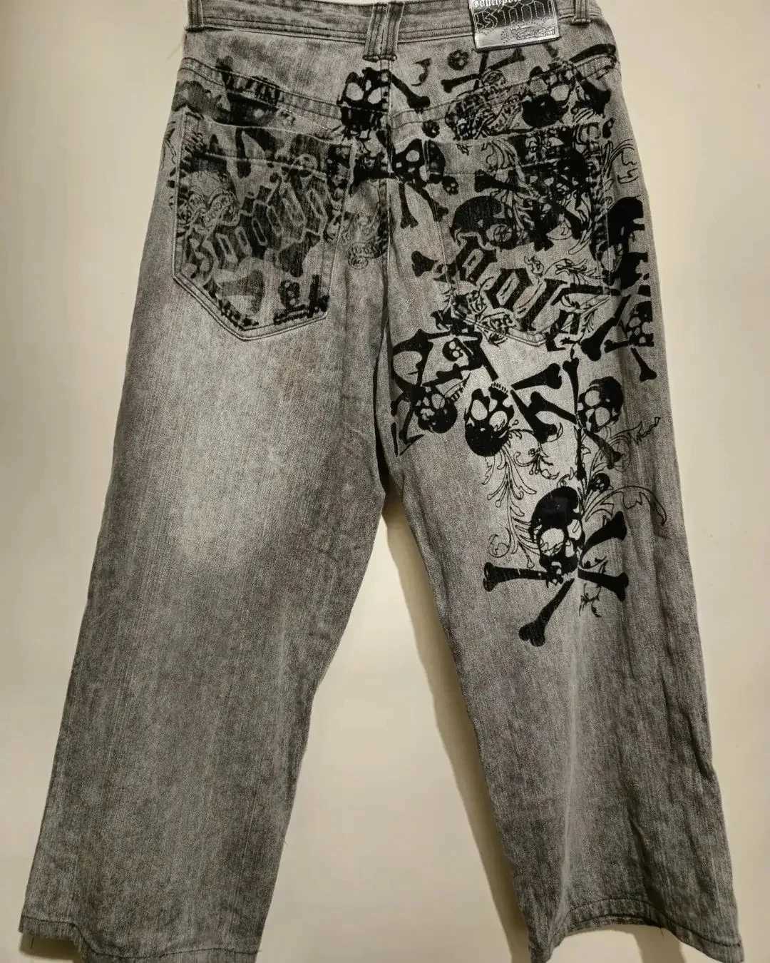 2024 New American Harajuku Retro Printed Jeans Y2K Womens Washed Grey Straight Pants Street Gothic Loose Unisex Trouser Tide X250220