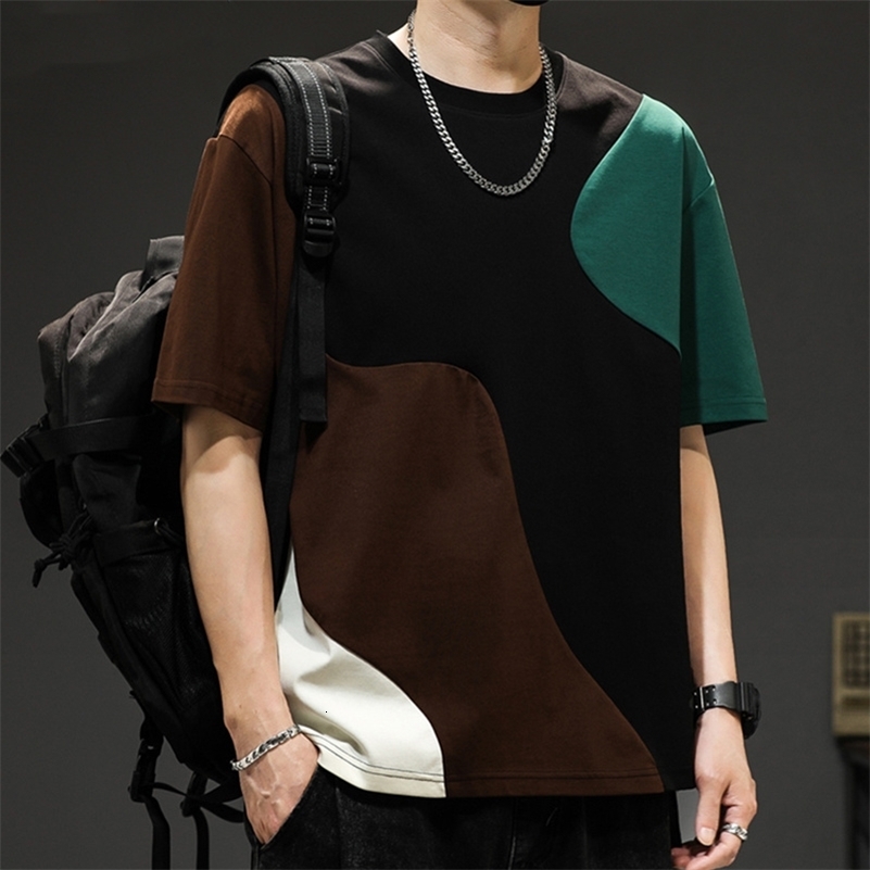 Summer Trendy Panelled Patchwork Fashion Loose Round Neck Short Sleeved T-shirt Mens American Vintage Casual Versatile Tops 240824