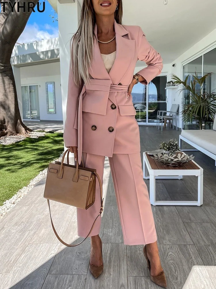 TYHRU Women office Pant Suit Double breasted Full Sleeve Blazers JacketWide leg Pant Two Pieces Set Lady Outfits Work Clothes 240826
