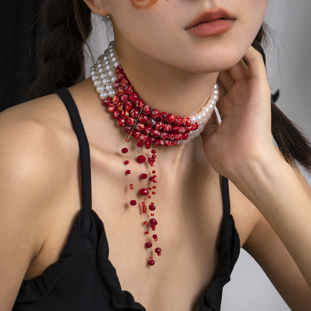 Jewelry Sweet Cool Gothic Blood Drop Tassel Collar Necklace Halloween Personalized Beaded Choker