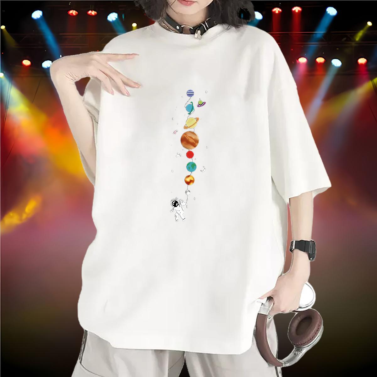 Popular Women Tshirts 230g Pure Cotton spaceman Street Women T Shirts Crew Neck Breathable White Plus Size Tops Shirt