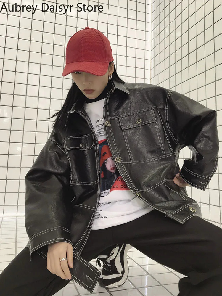 Korean Black Leather Jacket Women Streetwear Harajuku Loose Moto Jacket Women Vintage High Street Punk Outerwear Biker Coat 240824