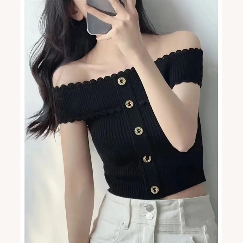 Women Slash Neck Knit Short Sweater Off-Shoulder White or Black Female Spring Temperament Knitwear Pullover with Buttons 240824