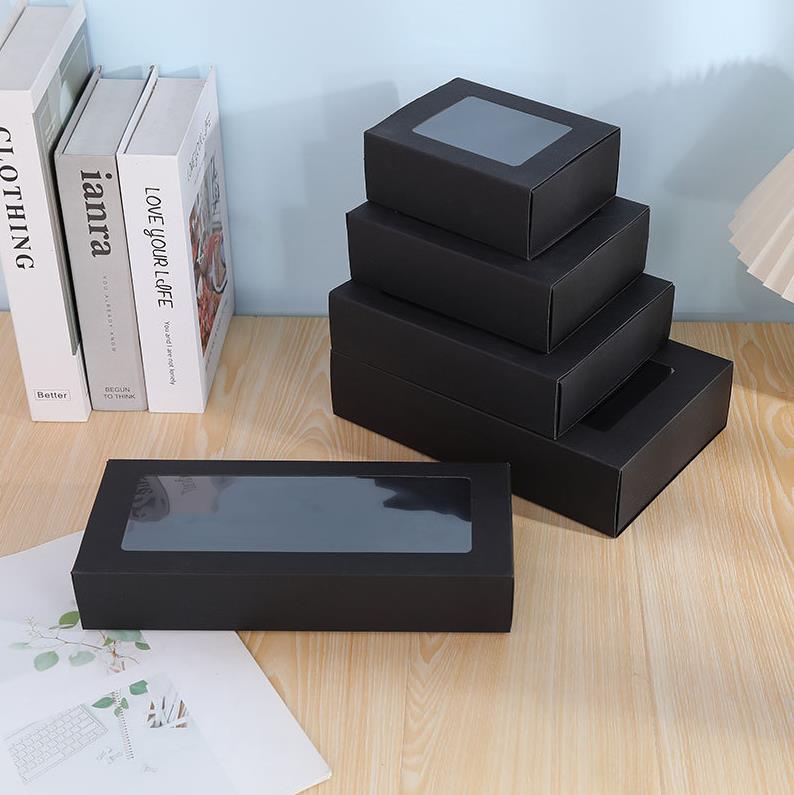 100Pcs Black Cardboard Boxes Drawer Slide Packaging Box With PVC Clear Window DIY Gift Box Wholesale ni49