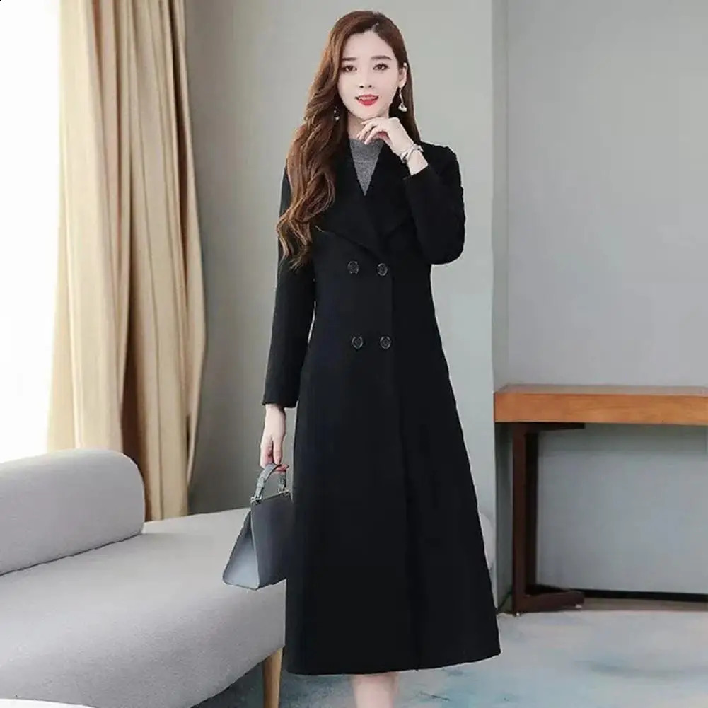 Simple and elegant lapel jacket cold resistant womens winter solid color mid long sleeved buttoned wool 240826