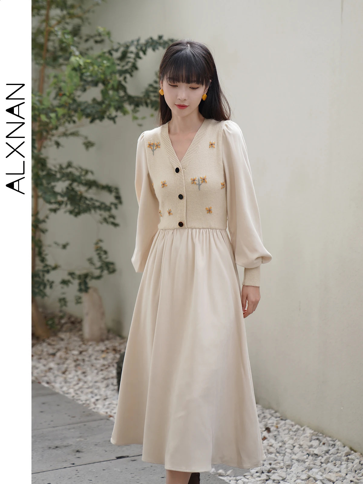 ALXNAN Vneck Almond Aline Dress for Women AutumnWinter French High Waist Long Sleeve Midi LXN2227 240824