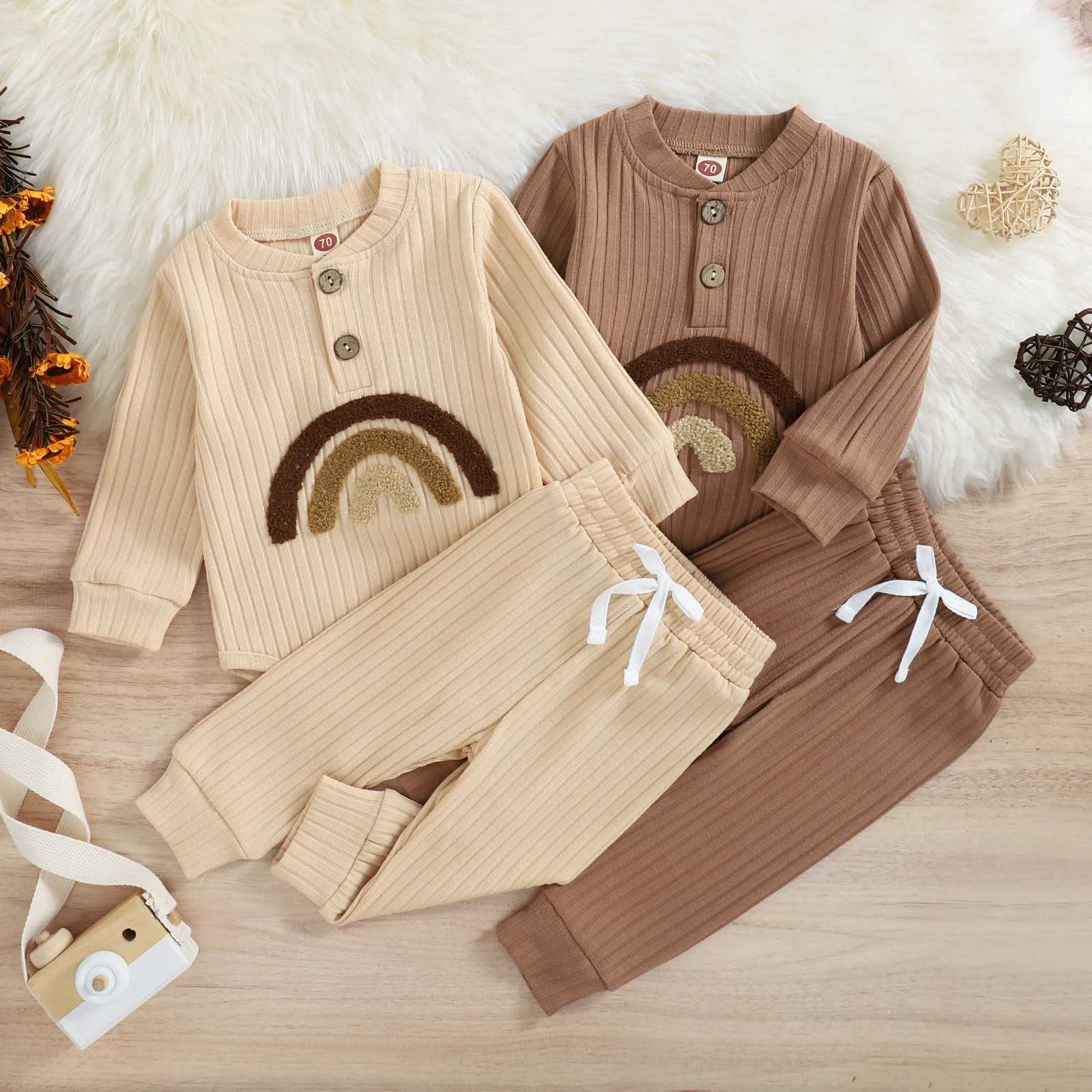 2PCS Autumn Boys and Baby Age 0-2 Two Color Towel Embroidered Rainbow Long Sleeve Set+Solid Color Pants Set W240824