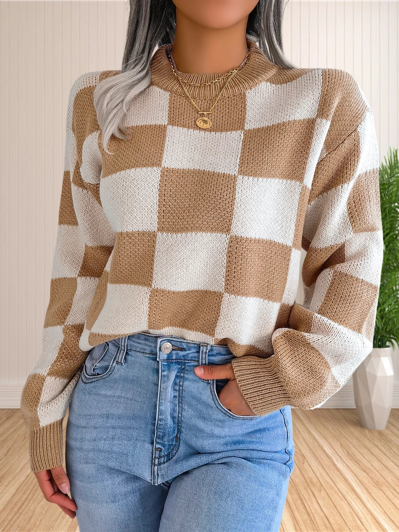 Womens colorful checkered staff collar long sleeved Y2K plain weave knitted pullover sweater top retro prefabricated style knitted top 240826