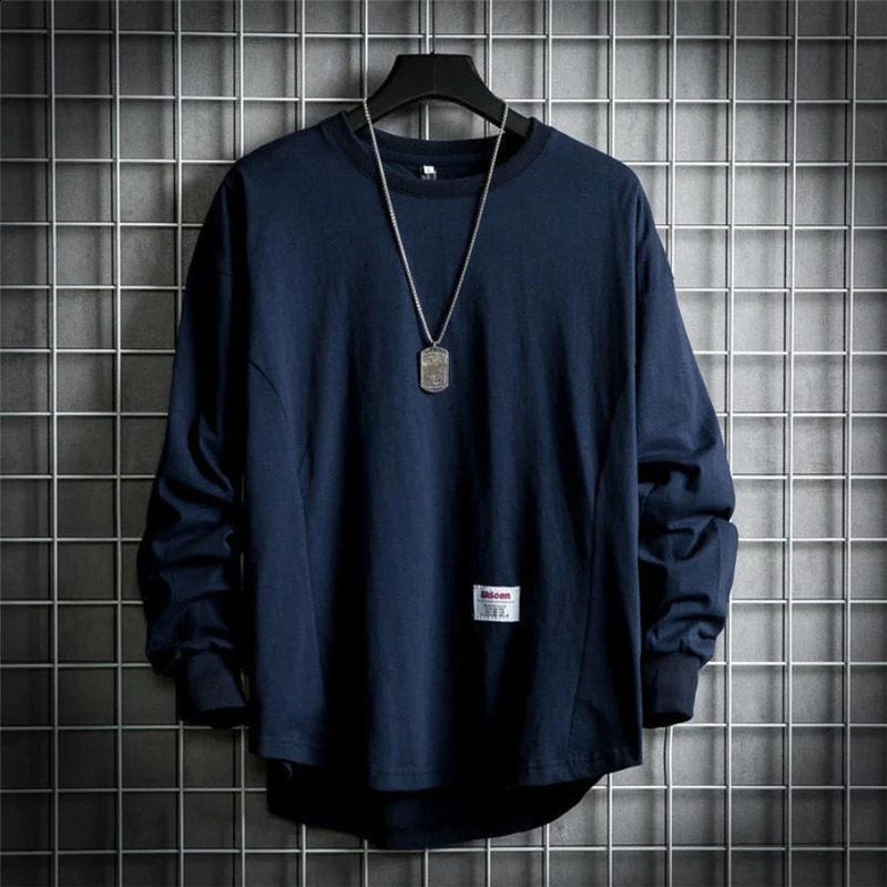 Mens Harajuku autumn fashion streetwear oversized long sleeved T-shirt solid and comfortable O-neck loose T-shirt mens Pulleys 240826