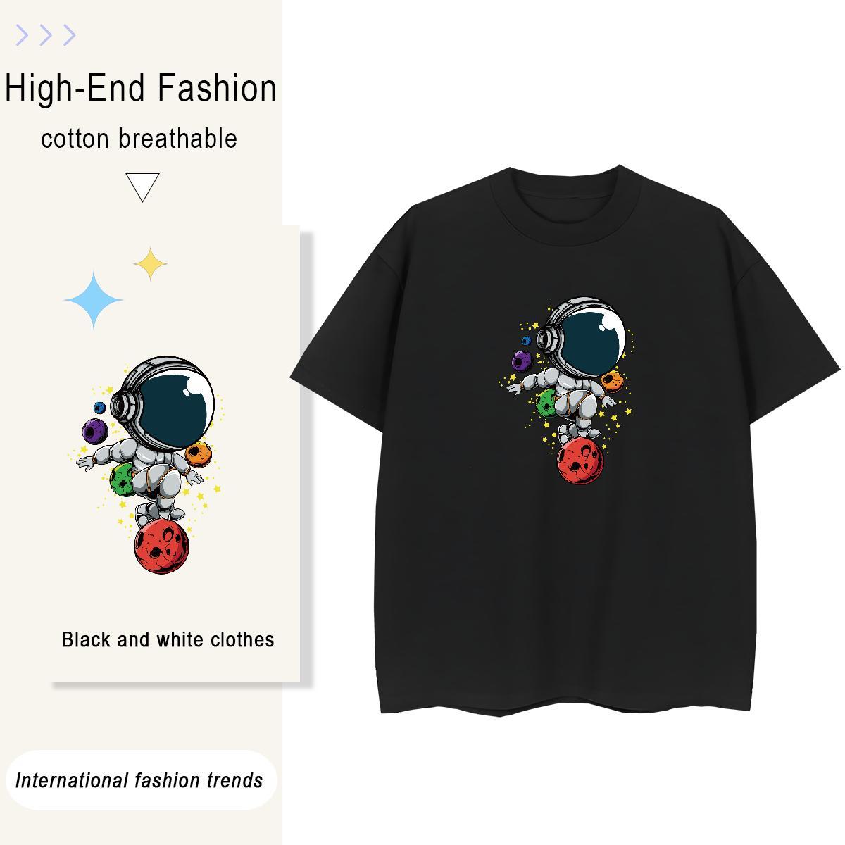 Soft Woman Tshirt 230g 100% Cotton cosmonaut Casual Sport T Shirts Women Crew Neck Cartoon Floral Printing Polos