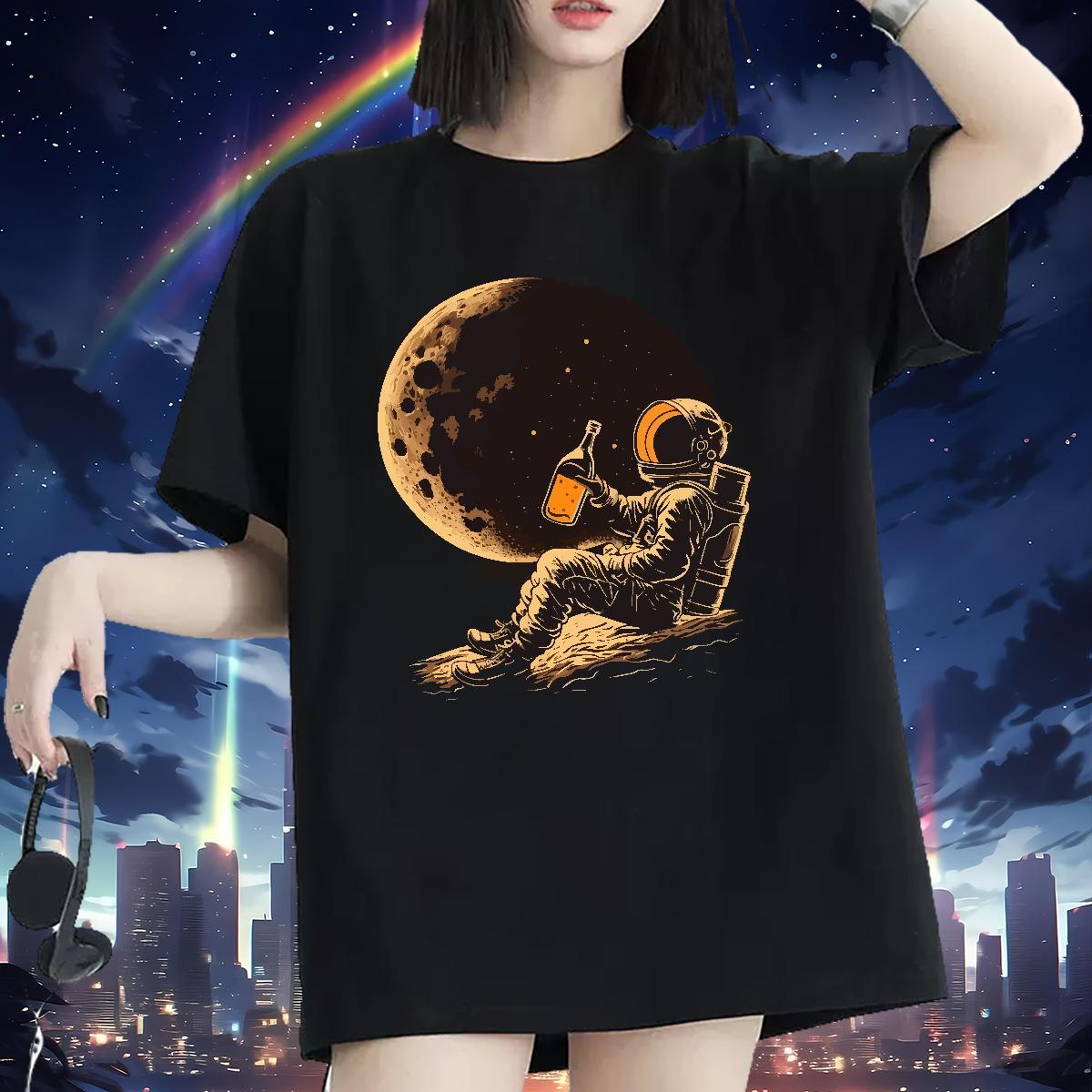 Female Woman Tshirt 230g 100% Cotton cosmonaut Summer Casual T-Shirts for Women Breathable Short Sleeve Cartoon Print Clothes