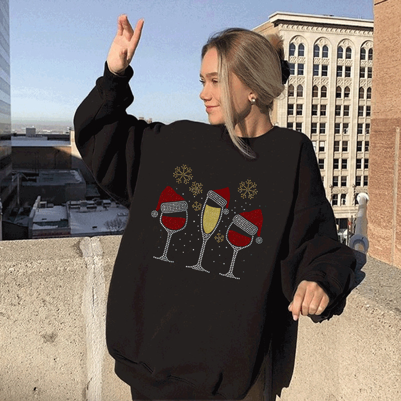 New women's with European size wine glass print round neck shoulder down sweatshirt dongdumaoyi