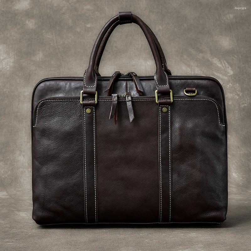 Free Shipping Briefcases Vintage Men's Handbag 15.6 Inch Laptop Briefcase Male Shoulder Crossbody Bag Genuine Leather Computer Business Travel Ba