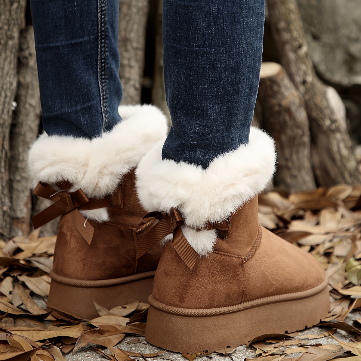 Womens Solid Color Platform Snow Boots Hook and Loop Fastener, Plush Fabric Lined, Comfortable Flat Heel, Round Toe, PVC Sole, Perfect for Casual Wint
