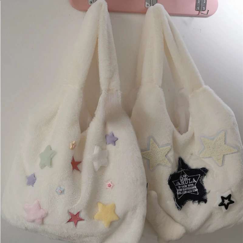 Furry Colored Star Women Kawaii Cute Shoulder Bags Korean Preppy Sweet Y2k Aesthetic Handbags Casual Fashion Chic Underarm Bag 240824
