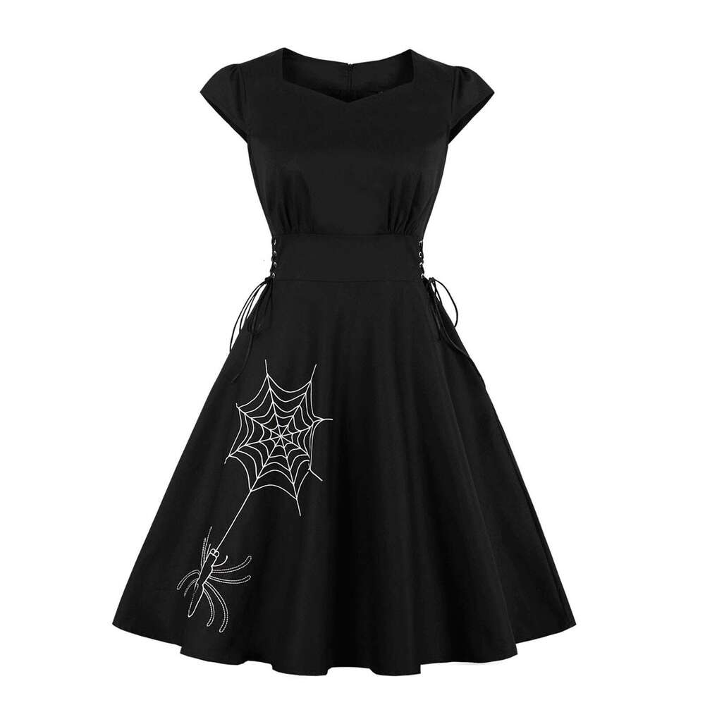 Hallowmas Party Spider Print Trim Swagger Skirt Round Collar Retro Women Halloween T Shirt Dress Scary Cloth