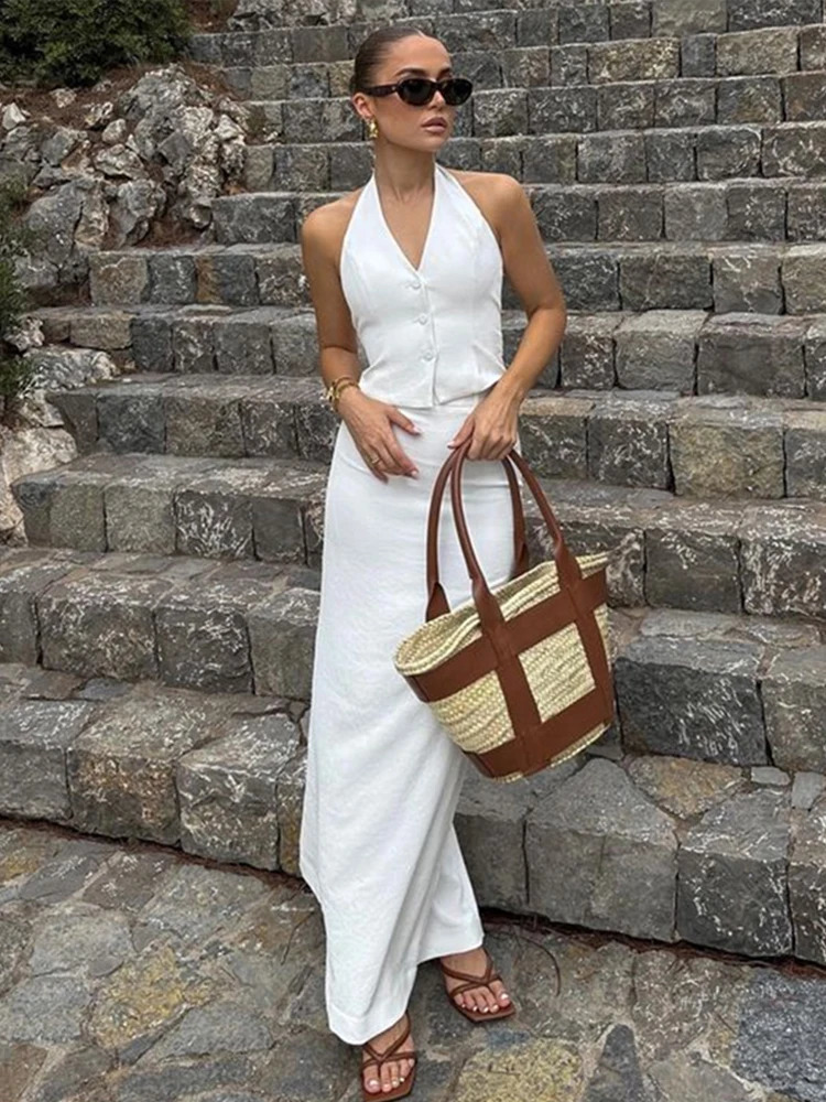 Halter Vest Skirt Set Women Single Breasted Lace Up Backless Waistcoat Split Sheath Skirts Female Suit Summer Lady Suits 240826